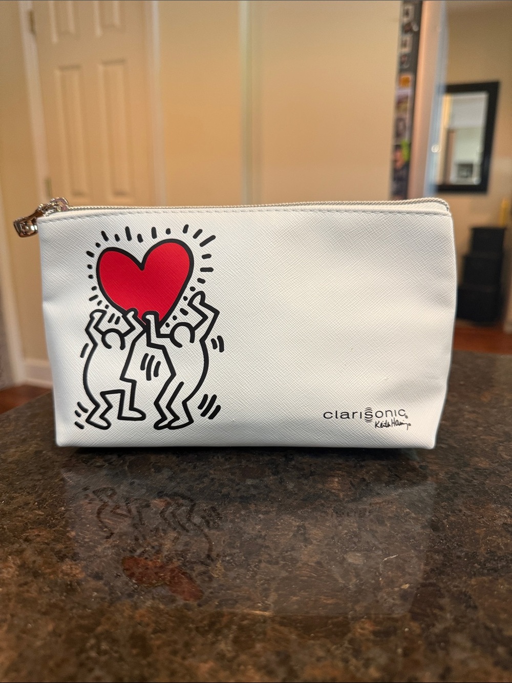 Clarisonic White Cosmetic Pouch with Red Heart Keith Haring Design